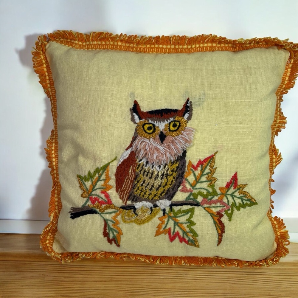 Vintage embroidered crewel owl fringe  throw pillow orange yellow